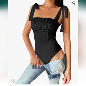 Umenlele Women's Satin Ruched Sleeveless Tie Shoulder Square Neck Bodysuit NWOT